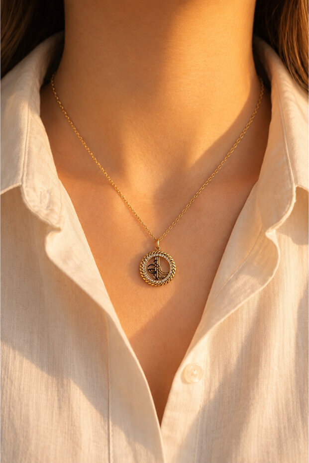Steel Gold Row Stoned Tugra Necklace - Does not blacken-