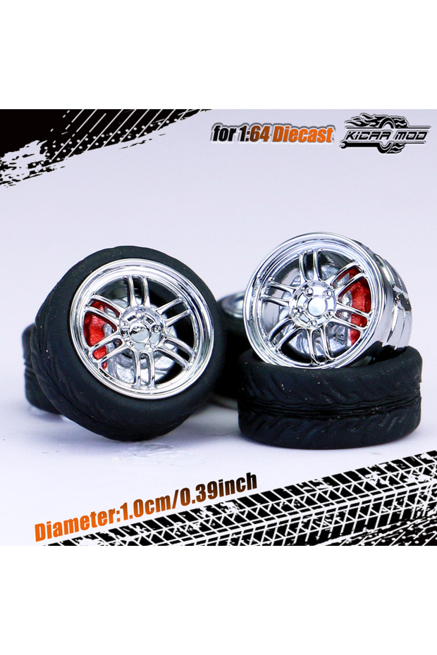 Electroplating Kicarmod 1/64 Model Car ABS Wheels with Rubber Tire Brake Disc Refitting Parts Diamet