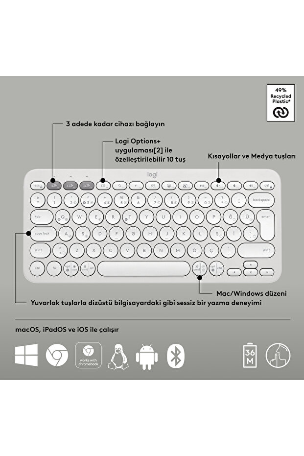 K380s Pebble Keys 2 Çoklu Cihaz Özellikli Bluetooth Türkçe Q Klavye, Beyaz 920-011860 - 7