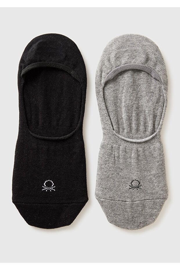Unisex Black-Grey Cotton Blend Solid Color Logo Double Socks Set