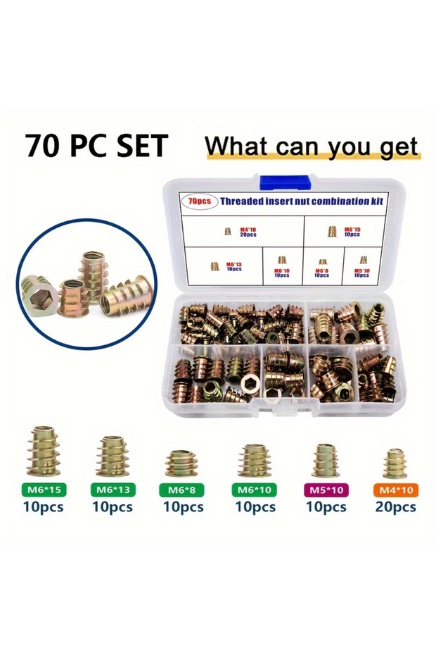 70PCS 70/120/260pcs Threaded Inserts Nut Combination Tool Kit for Wooden Furniture Hexagon Socket Sc