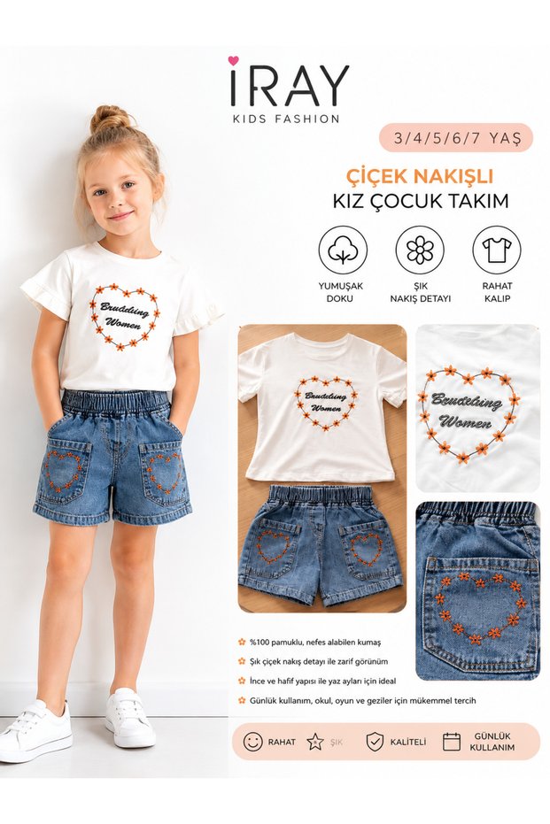 Girl's T-Shirt & Denim Shorts Set - Summer 2-Piece Set with Heart Embroidery Detail