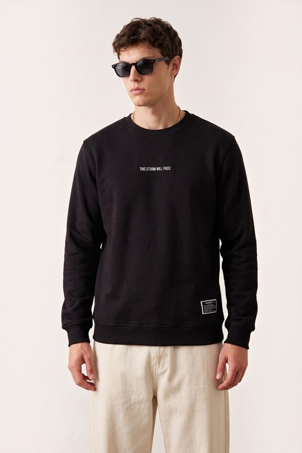 Men's Embroidered Slim Fit Crew Neck Black Sweatshirt 3 Iplilk Raised Fabric