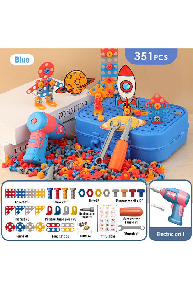space 351pcs Children Toys Tool Set Electric Drill Screw Nut 3D Puzzle Toys Pretend Play Dinosaur Dr