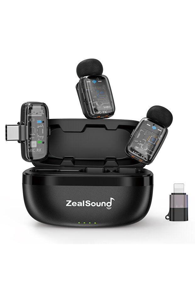 ميكروفون لاسلكي أسود من ZealSound مع غلاف شفاف، مثالي للفلوج والبث المباشر، متوافق