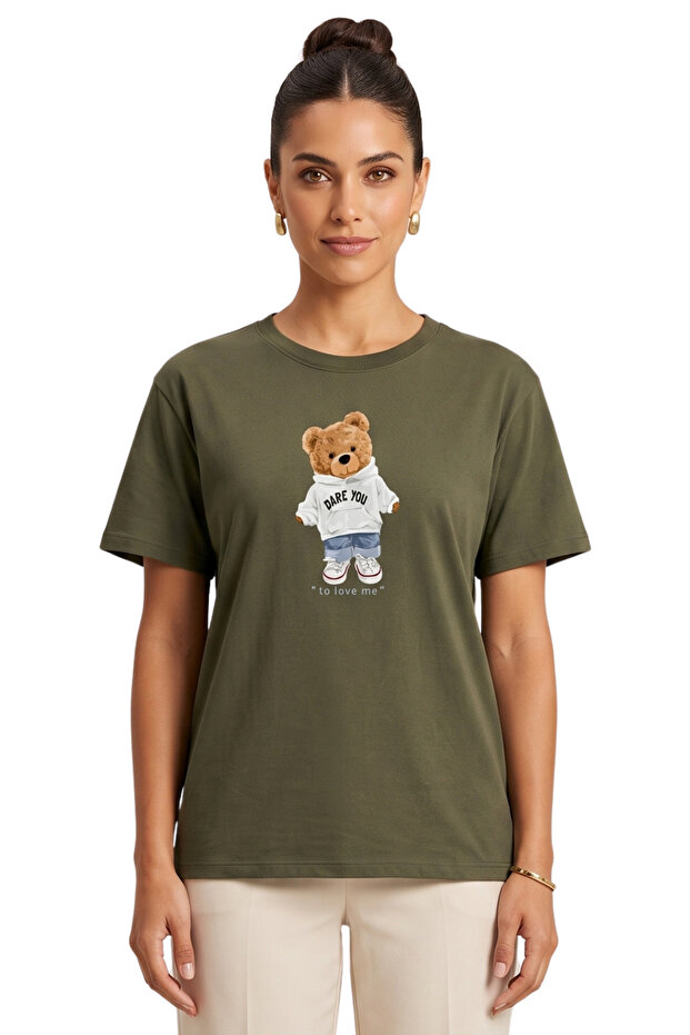 Dare You Hooded Teddy Bear Printed Oversized Regular Fit Unisex T-Shirt