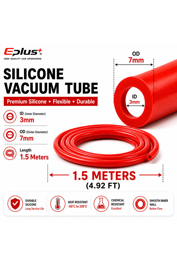 Red-1.5M-ID 3MM EPLUS Universal 1.5 Meters Red Blue Black Silicone Vacuum Line ID 3mm-12mm Heat Resi