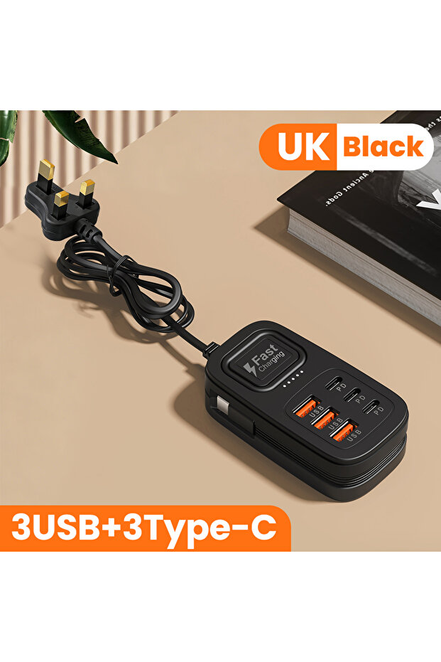 3USB3C Black UK 6 Ports USB Fast Charger Power Strip Desktop Charging Station Fast Charging EU/UK/US