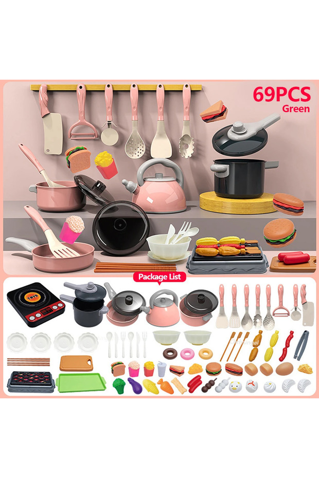 69PCS Pink Kids Kitchen Toys Set 92/69/59 PCS Play Kitchen Accessories Kit with Play Pots Pretend Fo