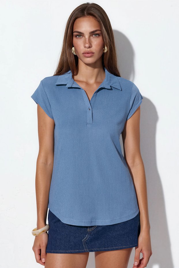Women's Polo Collar Knitted Blouse 1425 - Indigo