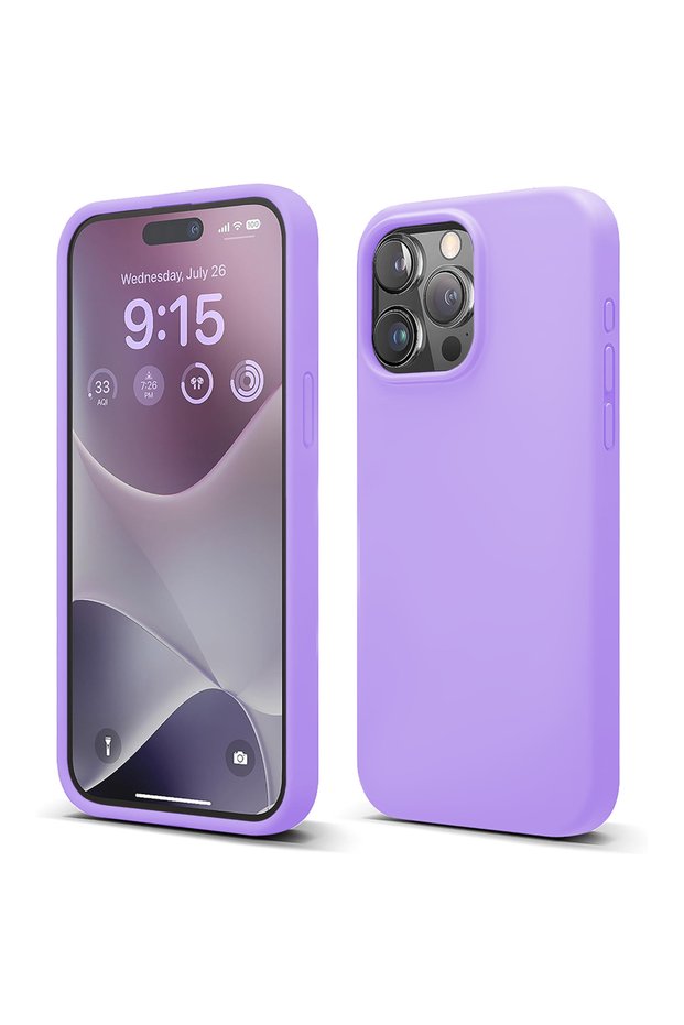 Silicone case iPhone 15 Pro, with microfiber, thin, protective, raised edges, light lilac