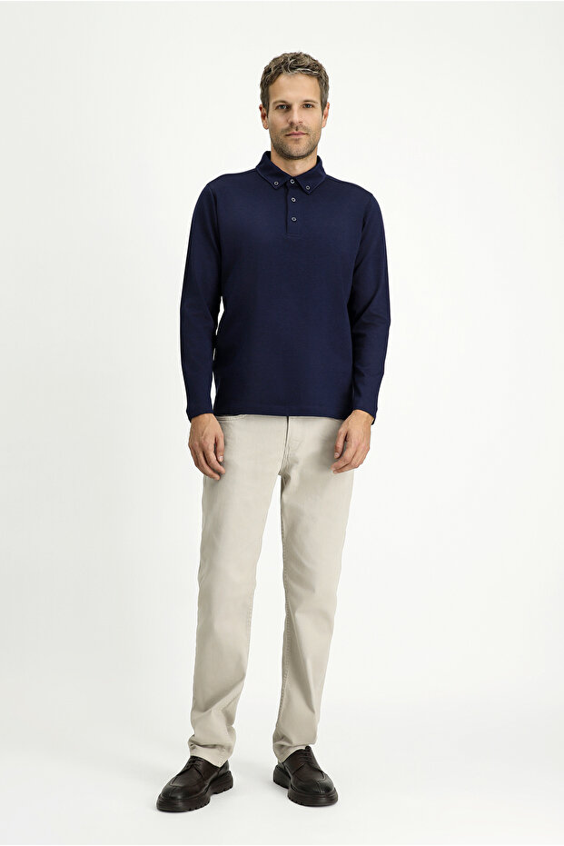 Polo Neck Regular Fit Striped Cotton Sweatshirt