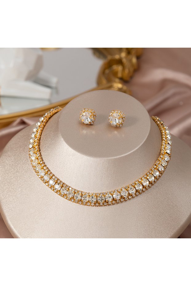 gold Women's Rhinestone Decorated Necklace & EarringsTrendy Jewelry Set Fashionable Accessories for