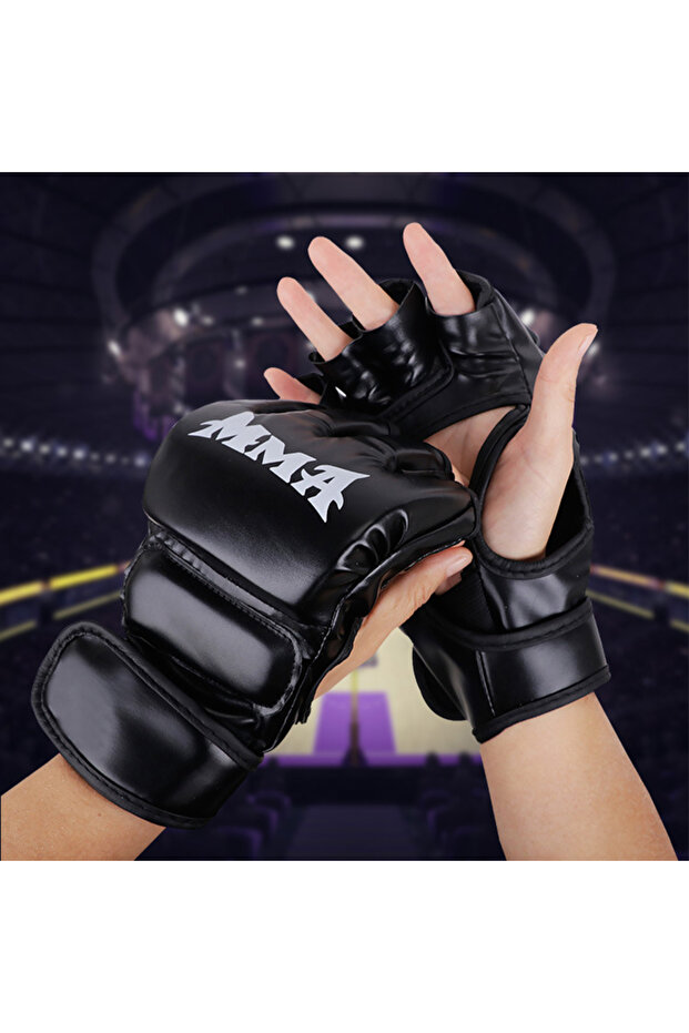 Black Professional Boxing Training Gloves Half Finger Leather Cushion for Adult Sanda Boxing UFC Tra