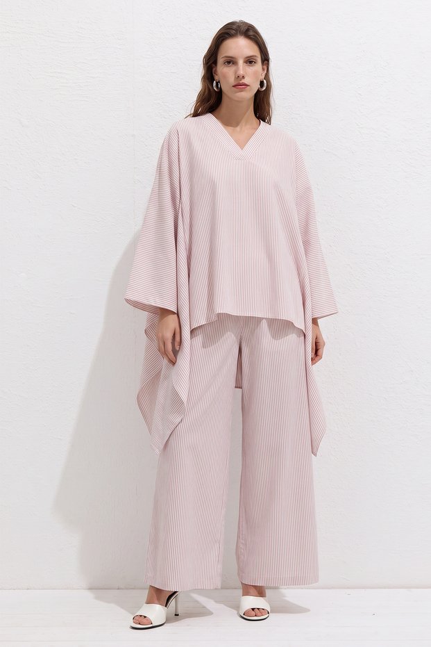 Asymmetrical Cut Striped Suit Y0164 - Pink