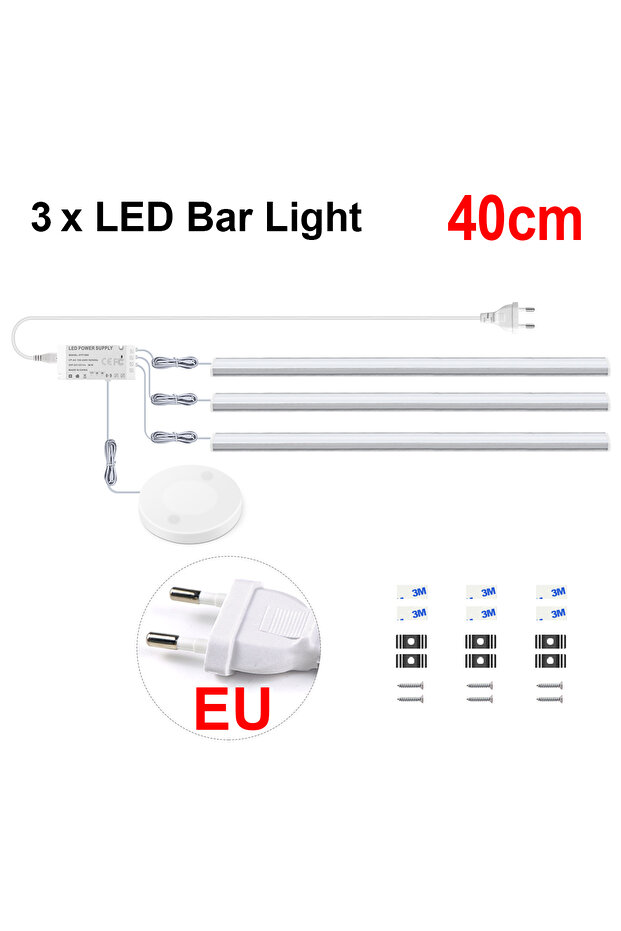 WHITE 3X40 CM with EU Plug Hand Scan Switch Penetrable Wood Touch Sensor Dimmable LED Under Cabinet