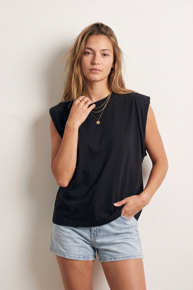 100% Cotton Single Jersey T-Shirt Women's Oversize Black T-Shirt Wide Shoulders Draped Sleeveless Loose Fit Compact Combed Cotton