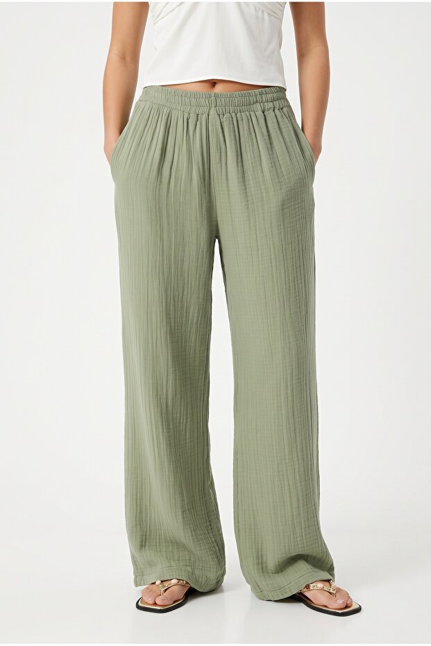 Women's Maja 100% Cotton Muslin Elastic Waist Khaki Trousers