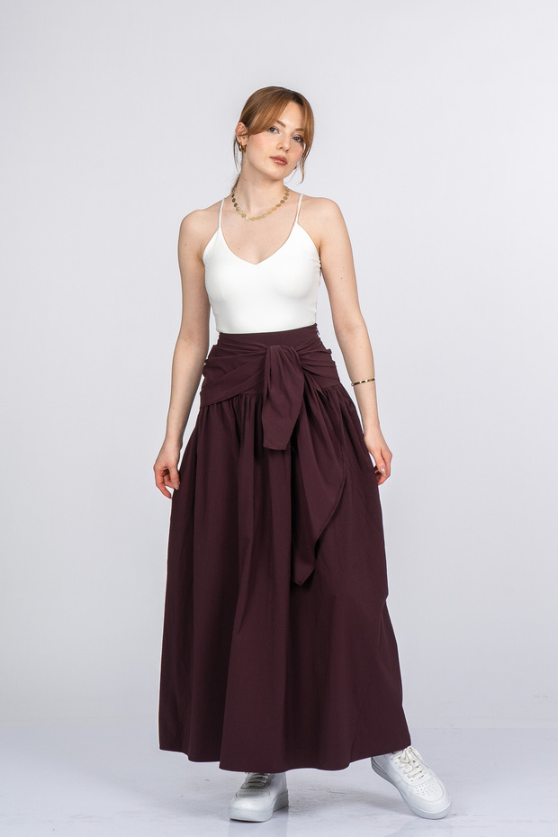 Women's Summer Burgundy Alora Parachute Fabric Skirt with Tie Detail Stylish Daily Comfortable 6894