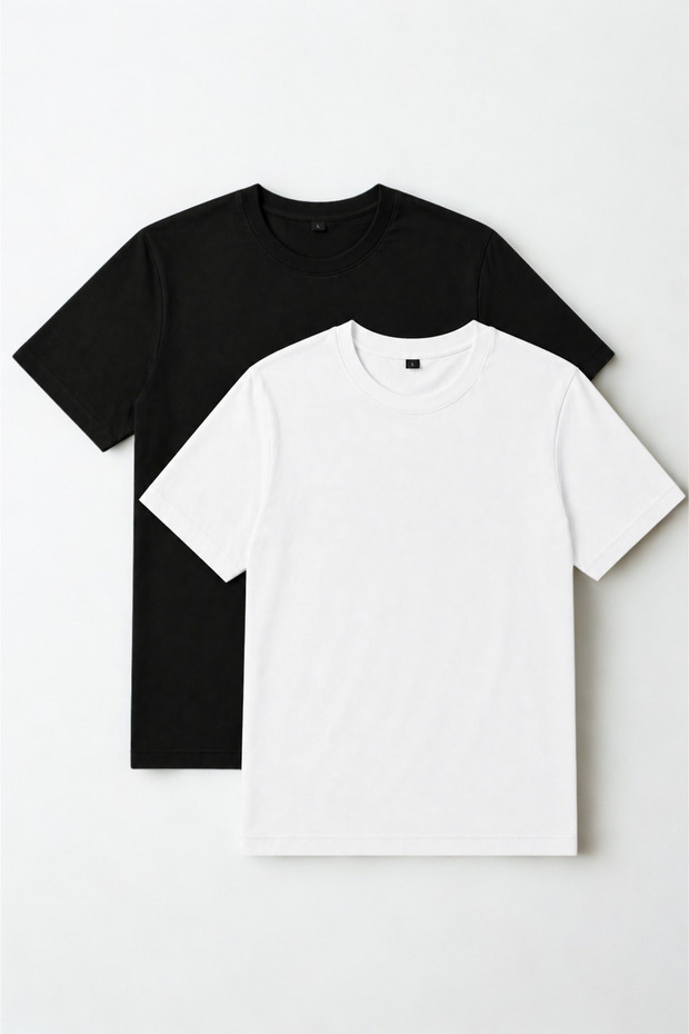 Men's Slim Fit Crew Neck 100% Cotton Slim Fit White - Black Basic T-Shirt