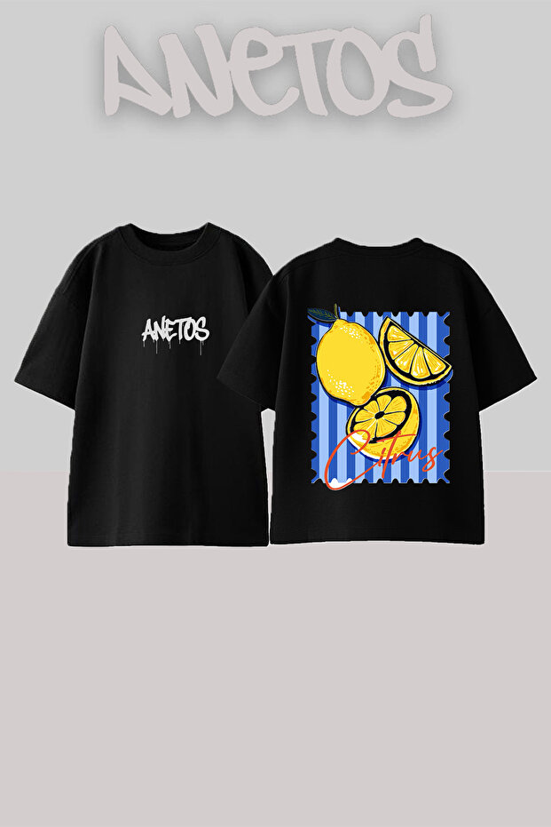 Citrus Fruits Design Back Printed Cotton Black Oversize T-Shirt