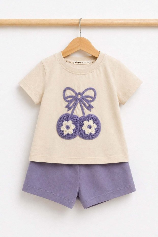 Baby Girl 2-Piece Summer Set Cherry Embossed Embroidered T-Shirt and Shorts 6-9-12-18 Months