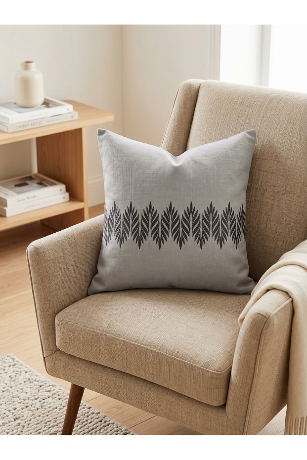 Premium Special Series Cushion Cover with Embroidery Detail on Woven Linen