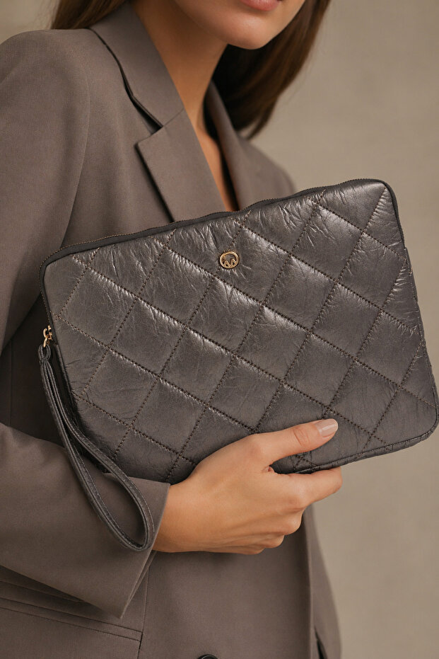 Anthracite Unisex Quilted Laptop Bag 13-14 Inch Compatible Daily Stylish Hand Carrying Organizer Case
