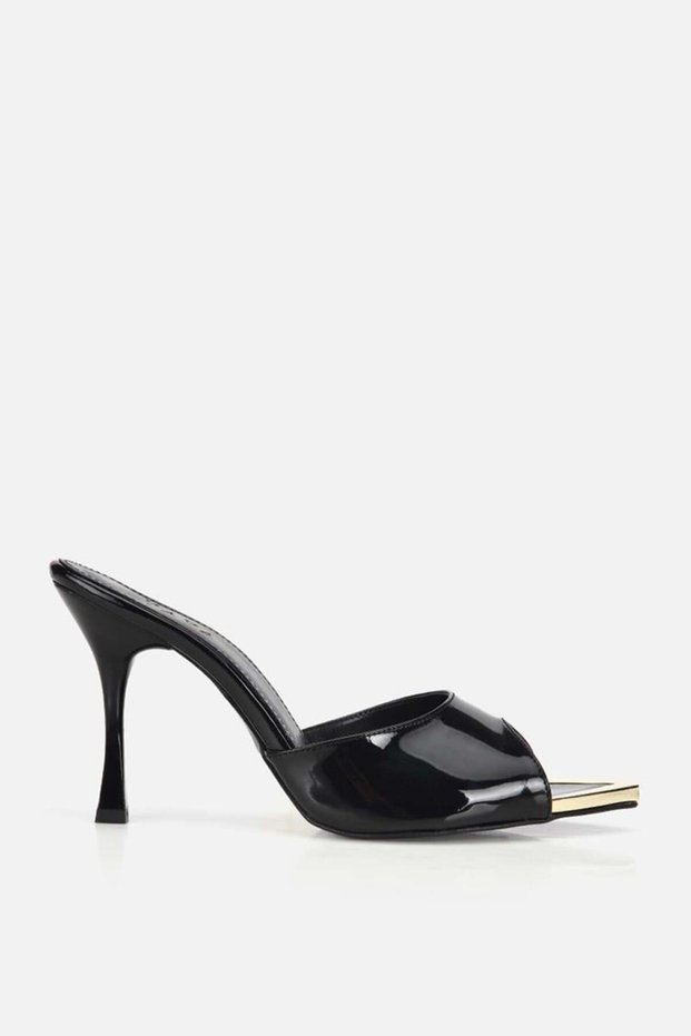 Women's Black Patent Leather High Heeled Slippers with Gold Toe Detail