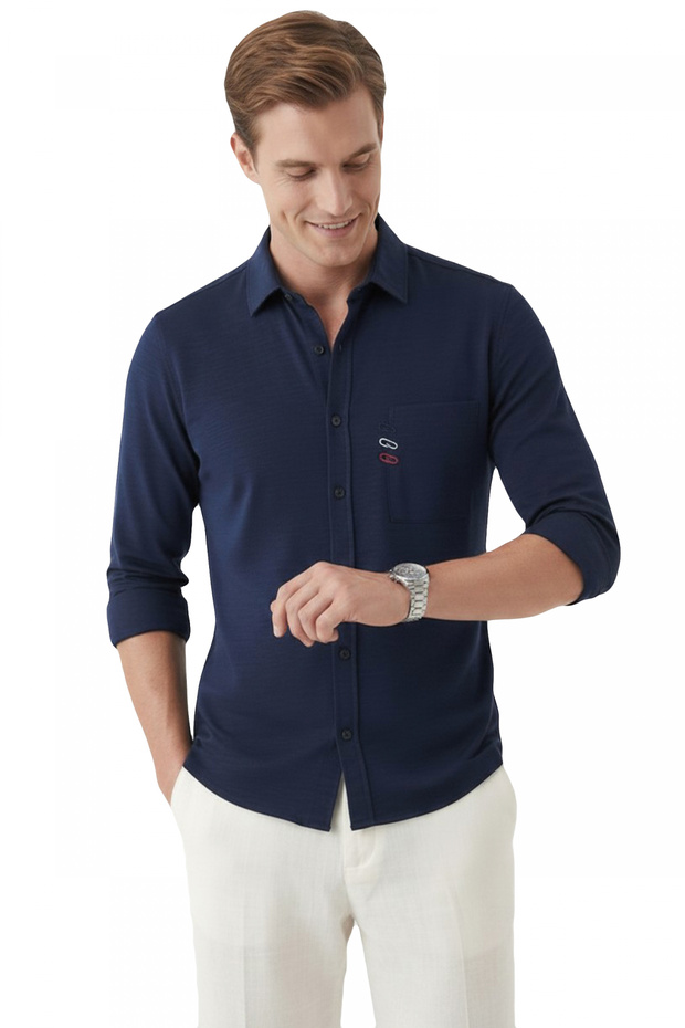 Navy Blue Comfortable Fit Wrinkle-Free, Iron-Free Modal Fabric Lycra Men's Shirt 2602633