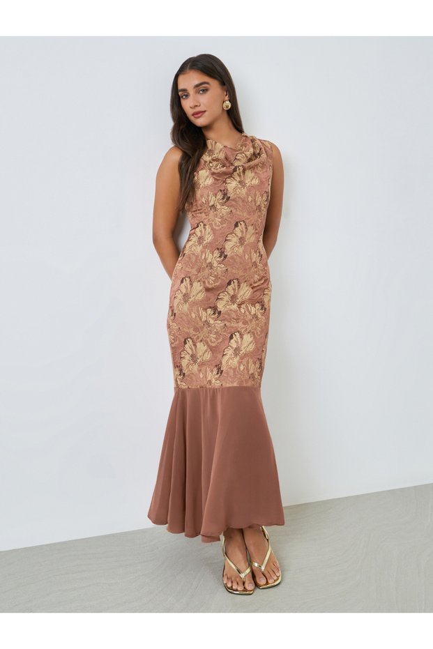 Brown Floral Jacquard Cowl Neck Maxi Dress