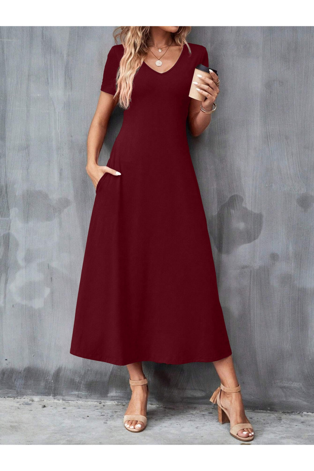Burgundy Short Sleeve Midi Dress with Pockets