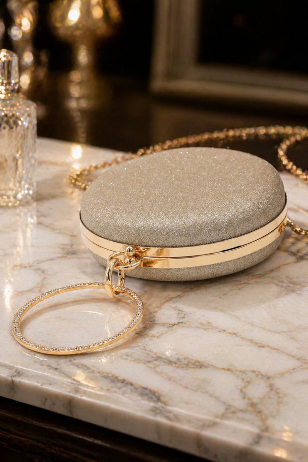 Gold Women's Round Shaped Stone Detailed Chain Strap Evening Dress Clutch Bag Stylish Evening Event Bag