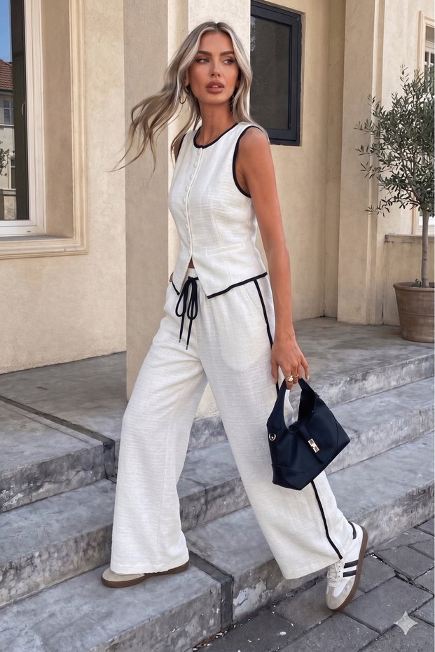 New Season Women's Sleeveless Buttoned Front Vest and Trousers Holiday Two-Piece Set