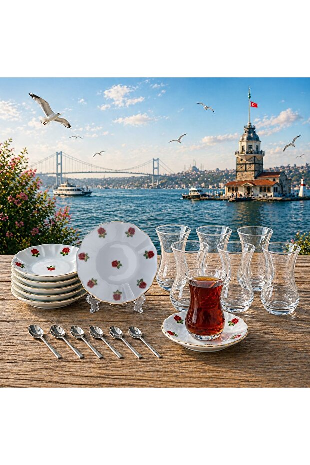 6-Person Tea Set – Elegant Red Rose Patterned Porcelain Plate and Slim-Waisted Cup Set, 18 Pieces