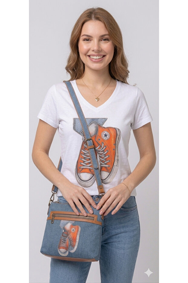 White T-Shirt with Shoe-Shaped Denim and Stone Details