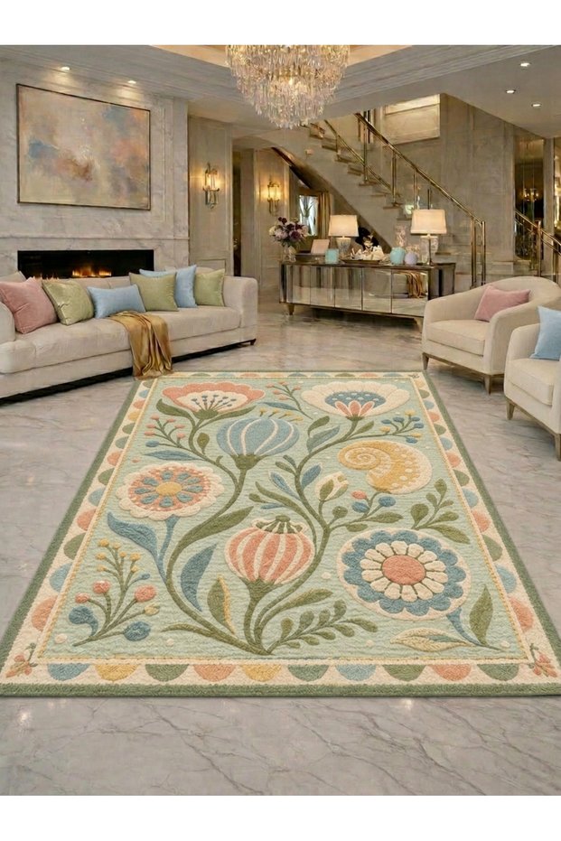 Sdt Pastel Flower Garden Motif Green Background Woven Base Decorative Carpet Sdt1052
