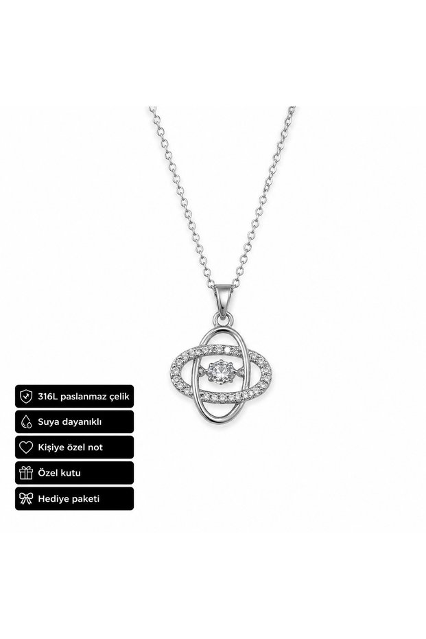 Women's Double Ring Stone Detailed Necklace Stainless Steel Stylish Gift