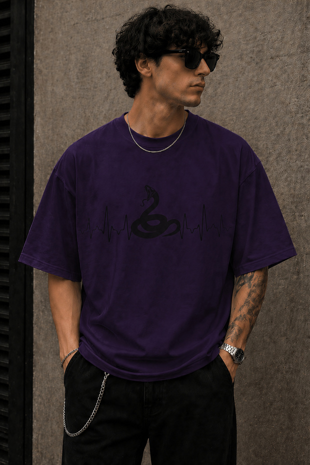 Snake and Pulse Line Print Unisex Oversize T-Shirt – Cotton Crew Neck Casual T-Shirt