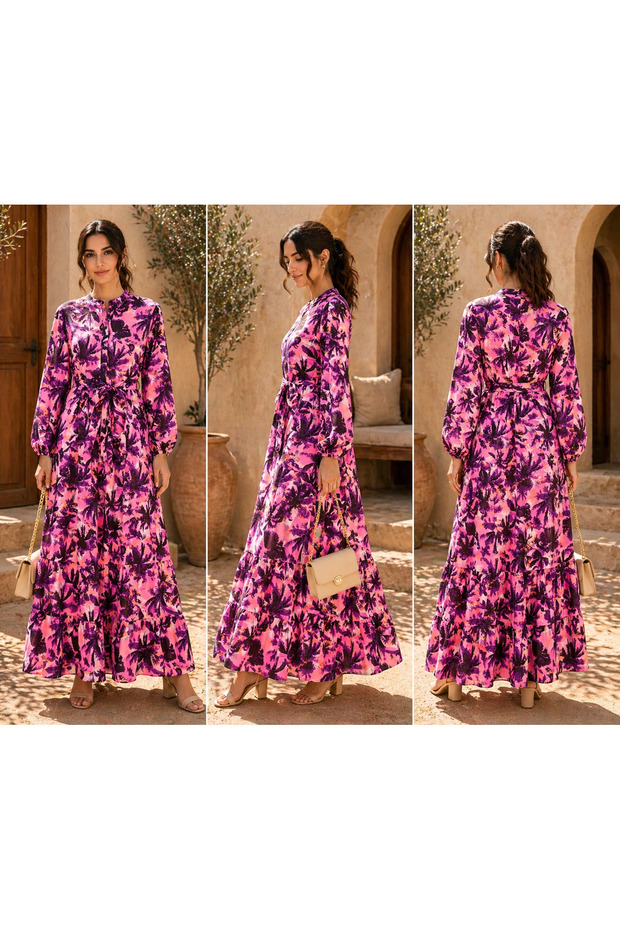 Pink & Black Tropical Print Tiered Casual Dress
