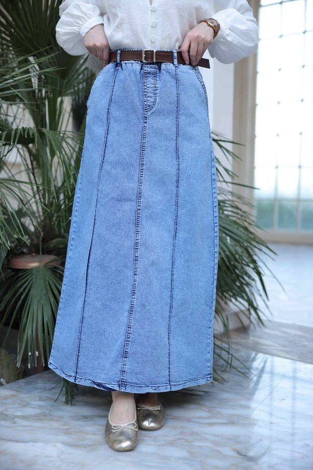 Light Blue Belted Slit Denim Skirt