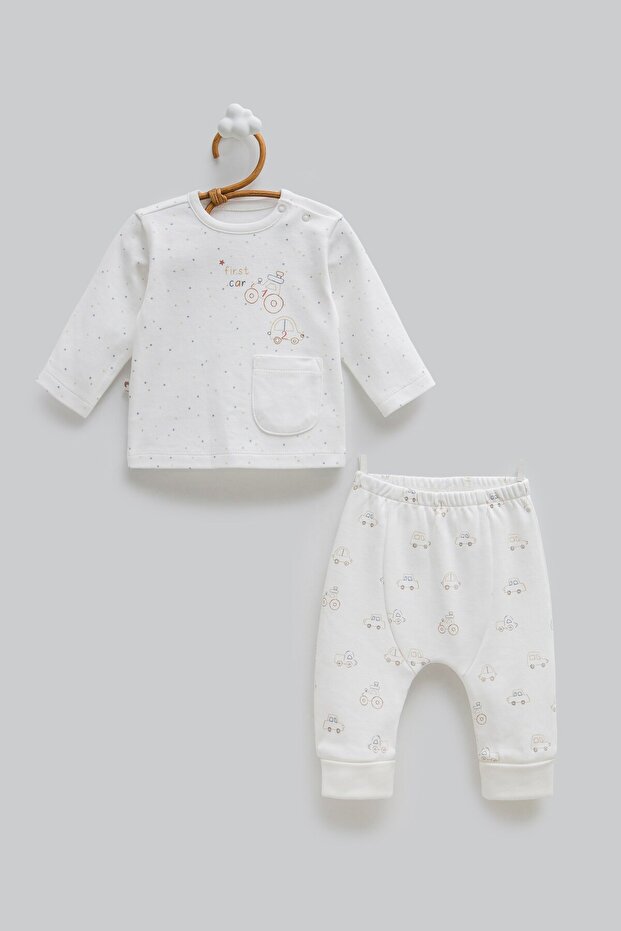 Baby Boy Car Print Pocketed 2-Piece Set 3-12 Months Ecru