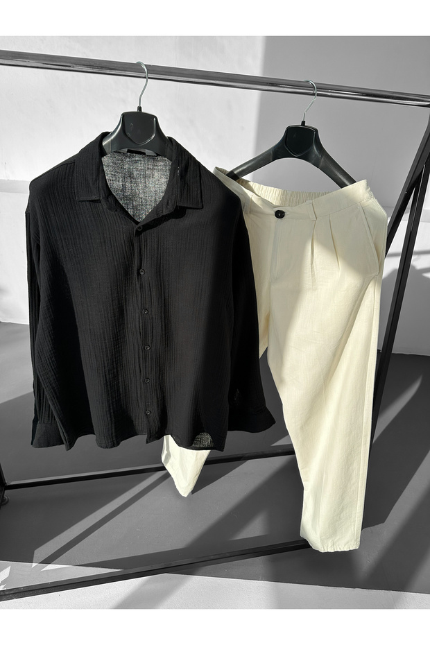 Linen Black Shirt g Ecru Baggy Pants Oversize Set