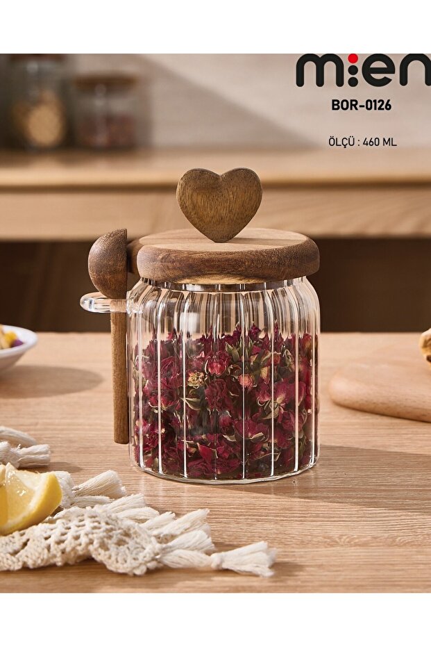 460ml Heart Acacia Glass Jar with Lid and Spoon
