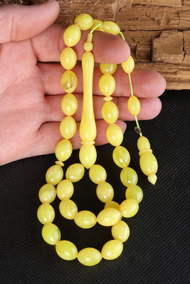 10X13 mm Beyzi Yellow Crimped Amber Prayer Beads - Signed by Master Fatih Erbabacan - Sülün İmame Prayer Beads