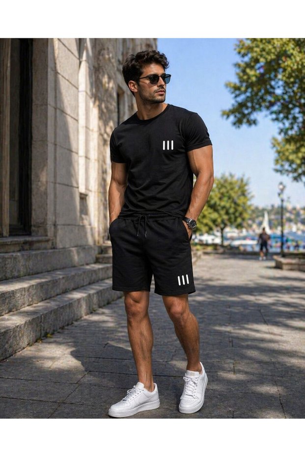 T-Shirt Shorts 2-Piece Combination Sweat-Absorbing 3-Line Printed Women's / Men's Unisex Model
