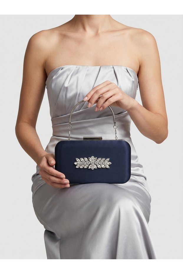 Navy Blue Color Z.A.R.A. Satin Crystal Stone Embroidered Chain Women's Evening Dress Bag Wedding Engagement Graduation