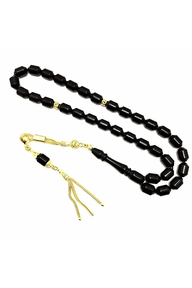 Kömür Karası Gold Design Crimped Amber Prayer Beads