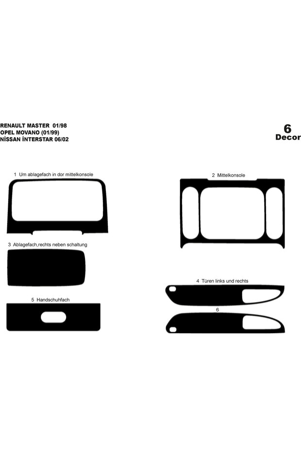 Renault Master Movano Interstar Console-Torpedo Covering 1999-2003 6 Pieces