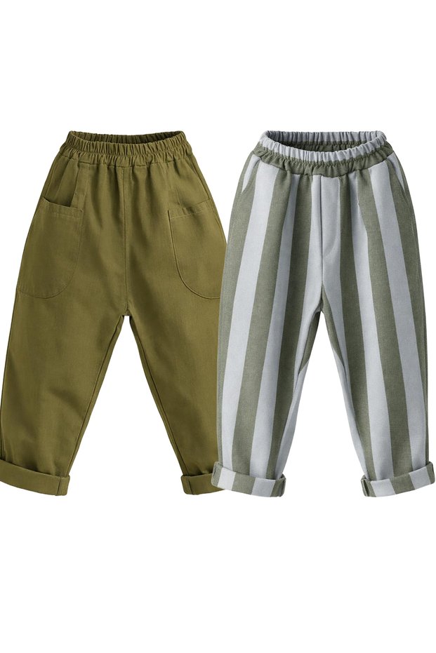 2-Pack Carrot and Boyfriend Pants 100% Cotton Blue Green Striped and Khaki Linen